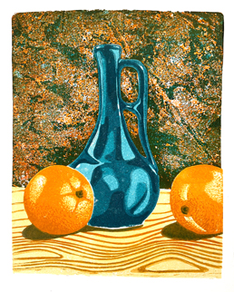 Study in Blue and Orange<br>Linocut<br>21x29cm