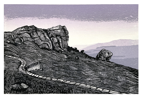 Dark Sky Over Cow and Calf<br>Ilkley Moor<br>Linocut<br>29x20cm
