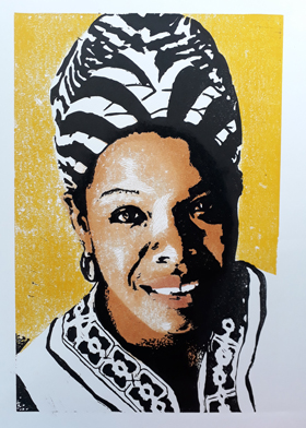 Maya Angelou<br>Linocut<br>20x29cm