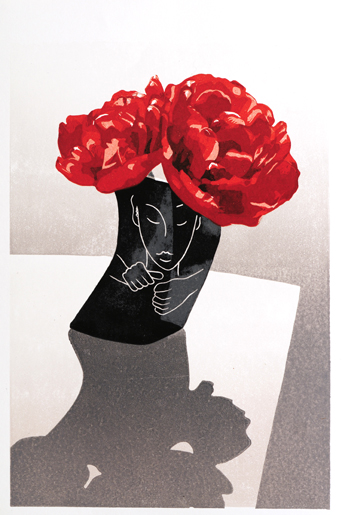 Sign language vase with tulips<br>Linocut<br>20x29cm